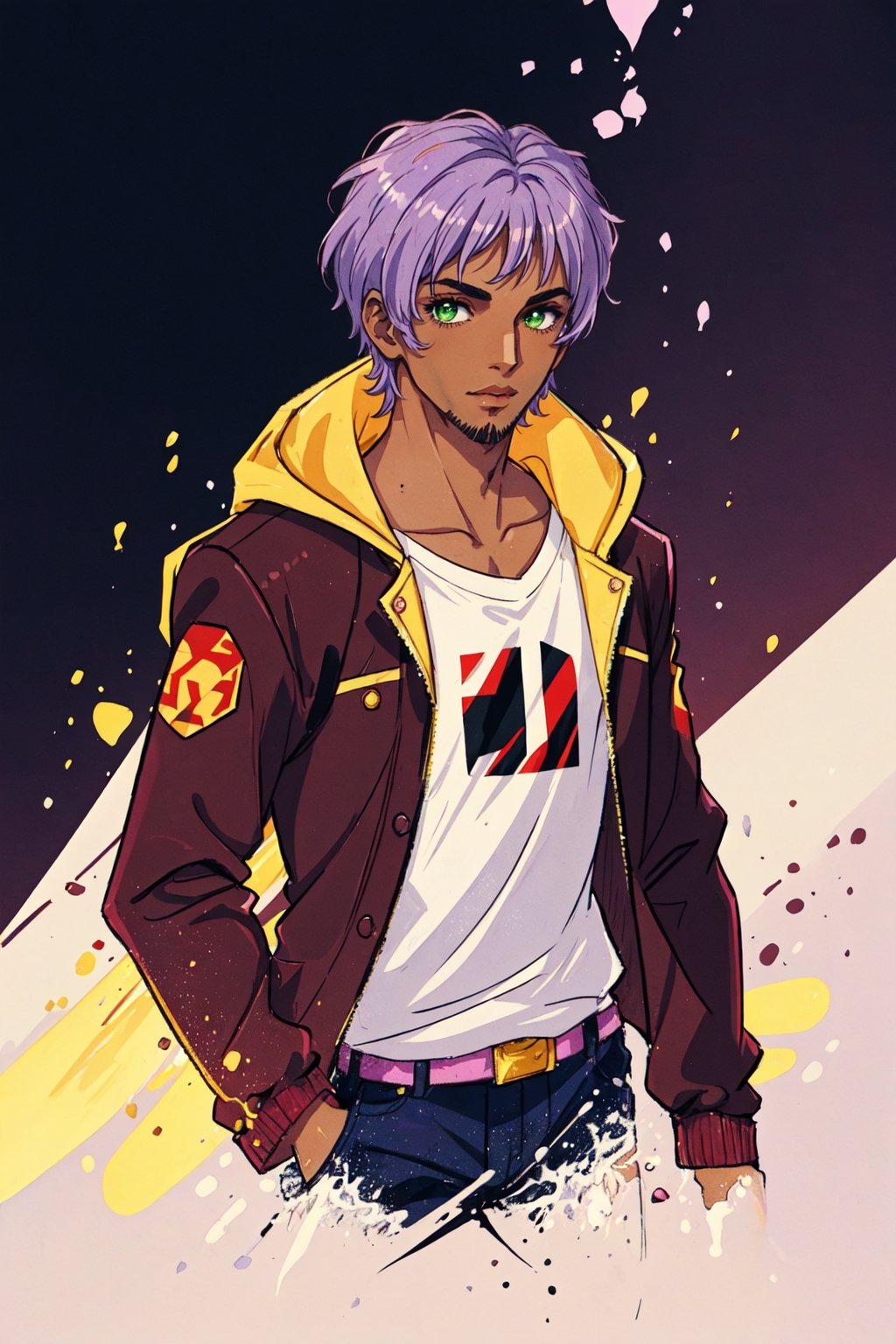 solo, 1boy, male focus, green eyes, light purple hair, stubble, goatee, maroon background, dark skinned male, tan skin, looking at viewer, lips, shirt, jacket, hyur, specular highlights, gradient_background