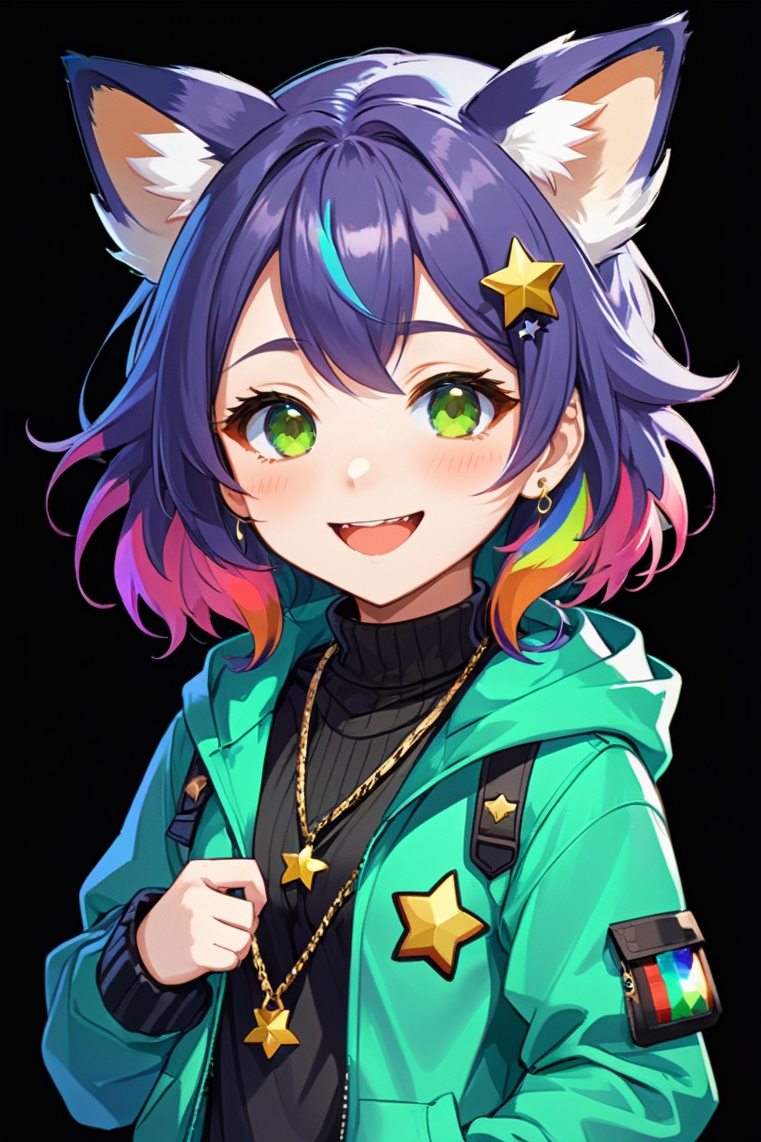 Niji_Emote, chibi, emoji twitch emote, stickers,  1girl, solo, blush, smile, brown hair, shirt, jewelry, blue hair, jacket, upper body, multicolored hair, earrings, green hair, teeth, dark skin, hood, necklace, star (symbol), dark-skinned female, hoodie, turtleneck, hooded jacket, black sweater, fox ears, anthro, animal ears, animal ear fluff, 
