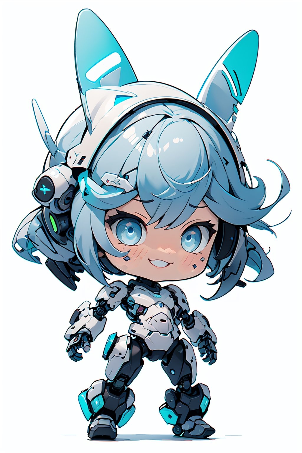 chibi, centered, full body, digital art, | dark blue hair, dark blue eyes, female cute robot, robot, mascot, confident smile, antenna, antenna_(anatomy), antennae_(anatomy), action pose, chibi, metal, white and blue futuristic armor, neon lights, | (white background:1.2), simple background, | (symetrical),chibi style,cls_chibi,Niji Emote