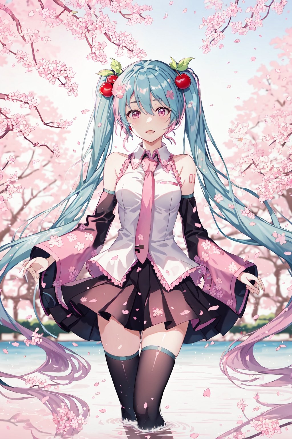 Hatsune Miku, Cherry Blossom Miku, detached sleeves, wading, hair flower, very long hair, solo, hair ornament, water, thighhighs, petals, twintails, long hair, necktie, skirt, cherry blossoms, 1girl, pink eyes, flower