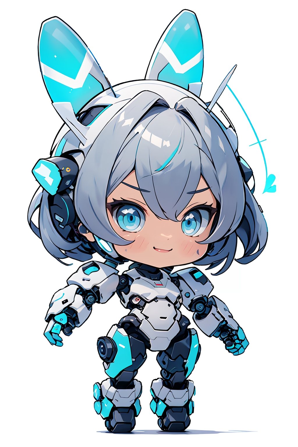 chibi, centered, full body, digital art, | dark blue hair, dark blue eyes, female cute robot, robot, mascot, confident smile, antenna, antenna_(anatomy), antennae_(anatomy), action pose, chibi, metal, white and blue futuristic armor, neon lights, | (white background:1.2), simple background, | (symetrical),chibi style,cls_chibi,Niji Emote