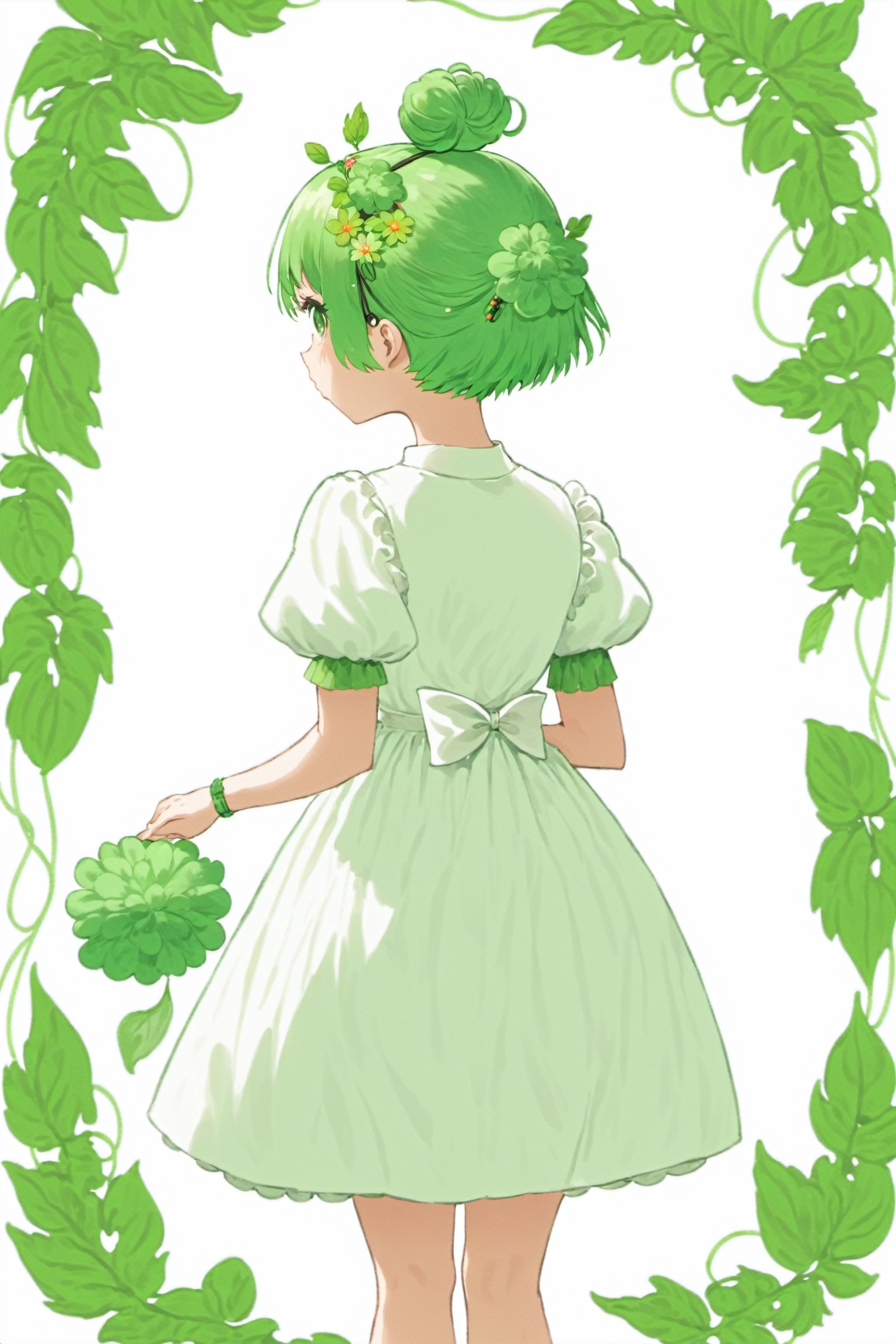 1girl, solo, short hair, hair ornament, dress, flower, short sleeves, hairband, green hair, puffy sleeves, hair flower, hair bun, from behind, white dress, puffy short sleeves, leaf, single hair bun, cable
