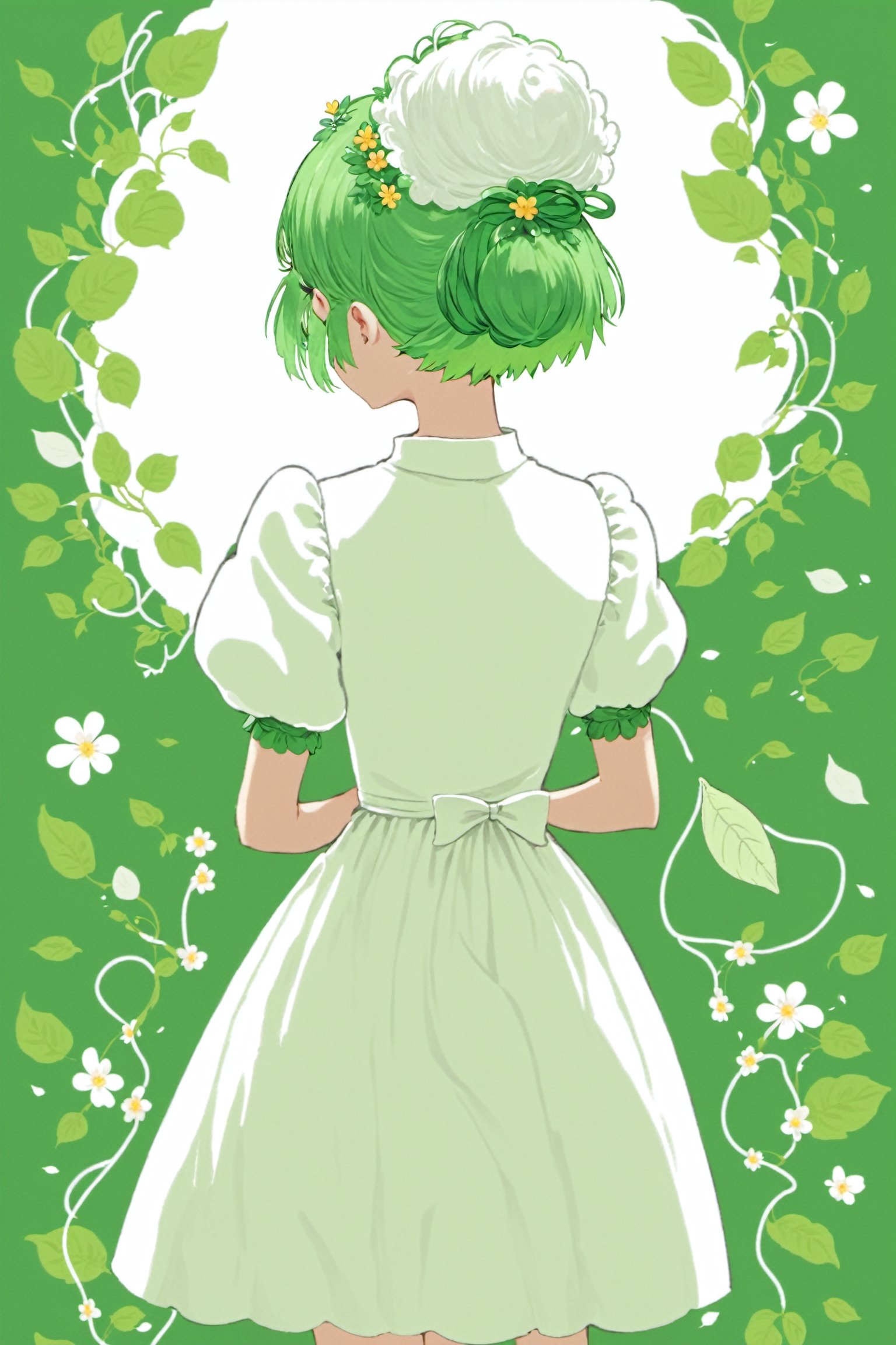 1girl, solo, short hair, hair ornament, dress, flower, short sleeves, hairband, green hair, puffy sleeves, hair flower, hair bun, from behind, white dress, puffy short sleeves, leaf, single hair bun, cable
