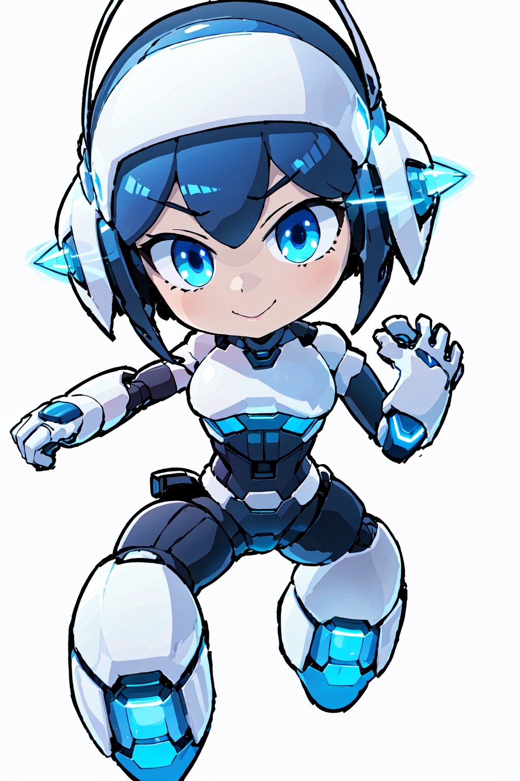 chibi, centered, full body, digital art, | dark blue hair, dark blue eyes, cute, cute female, cute robot, female cute robot, robot, mascot, confident smile, action pose, chibi, metal, white and blue futuristic armor, neon lights, | (white background:1.2), simple background, | (symetrical),chibi style,cls_chibi,Niji Emote,QRobot,colorfulmix