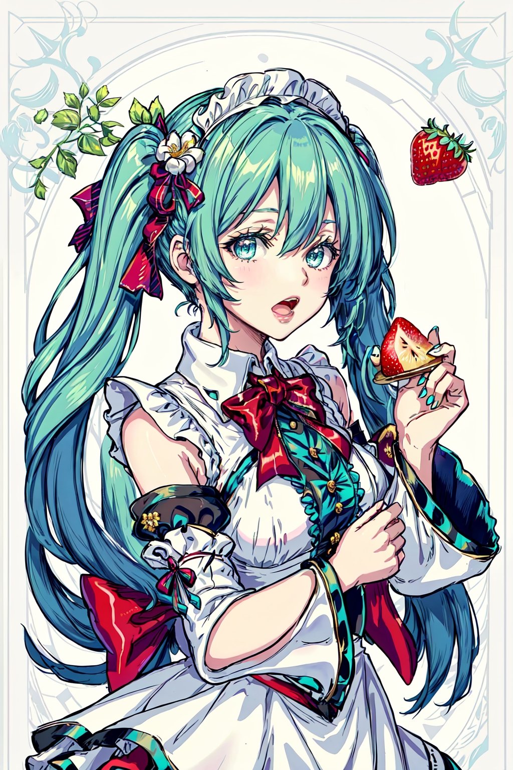 Hatsune Miku, tarot card style, hair ribbon, bowtie, holding food, bare shoulders, fruit, red bowtie, frilled hairband, very long hair, maid headdress, holding, :o, twintails, bow, frilled sleeves, puffy sleeves, food, strawberry, detached sleeves, bangs, hair flower, hair ornament, open mouth, red bow, white sleeves, looking at viewer, flower, red ribbon, aqua hair, upper body, dress, solo, frills, long hair, sleeveless, white flower, white dress, holding fruit, 1girl,  aqua eyes, ribbon, in the style of Alphonse Mucha, Art Nouveau