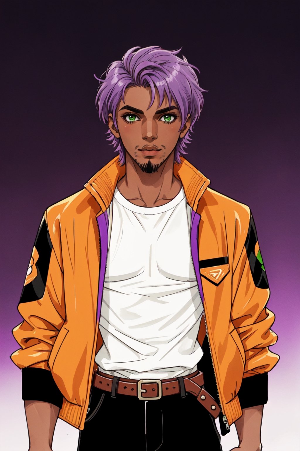 solo, 1boy, male focus, green eyes, light purple hair, stubble, goatee, maroon background, dark skinned male, tan skin, looking at viewer, lips, shirt, jacket, hyur, specular highlights, gradient_background