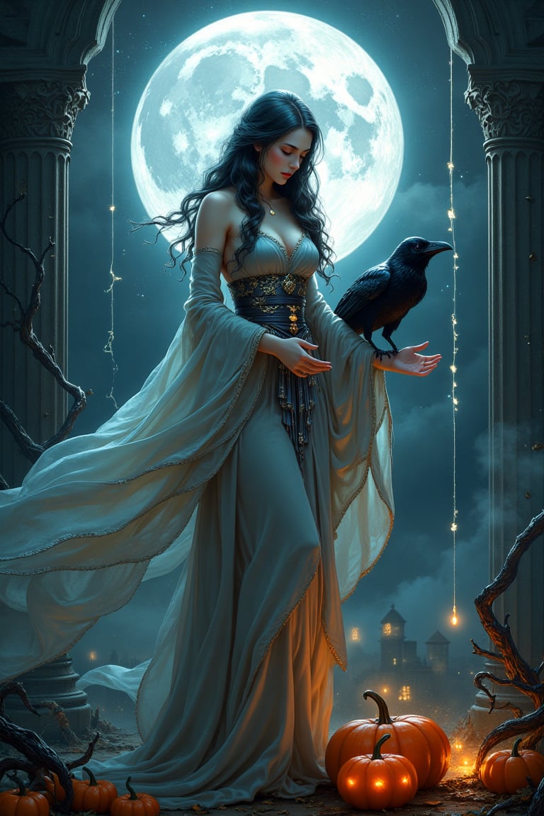 Prompt: score_9,score_8_up,score_7_up,score_6_up, masterpiece,absurdres, highres,best quality, ultra detailed,A mysterious sorceress draped in flowing silks and surrounded by a delicate, misty glow, stands under a full moon with ethereal calligraphy symbols illuminating the night air. Each symbol, intricately painted in French calligraphie, Japanese calligraphy and Arabic خط, seems to float as she whispers an ancient spell, casting a faint light that dances in the moonlit mist. Her expression is soft, exuding both wisdom and mystery. Her raven familiar sits by her side, eyes glinting in the moonlight, as pumpkins and twisted vines coil around her feet, giving a sense of timeless beauty and charm.