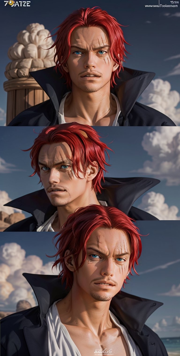 "Craft a captivating image of Shanks, the Red-Haired Pirate, from 'One Piece.' Capture his charismatic presence and the details of his distinctive red hair and scars. Emphasize his iconic features and expressions in a way that truly reflects his character. Utilize a high-resolution setting to ensure the image vividly portrays the essence of Shanks, showcasing the intricacies of his design and personality."