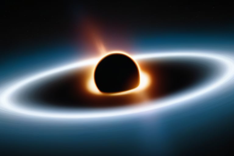 A close-up view of a black hole, its powerful gravity warping space and time.