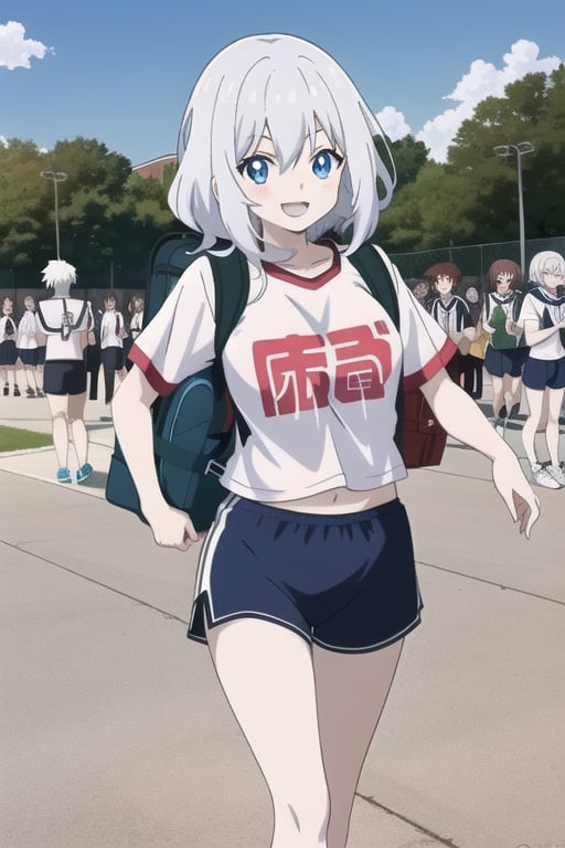 A lovely albino anime girl,  a high school student,  dressed in a comfortable outfit suitable for warm weather. Her pale s...