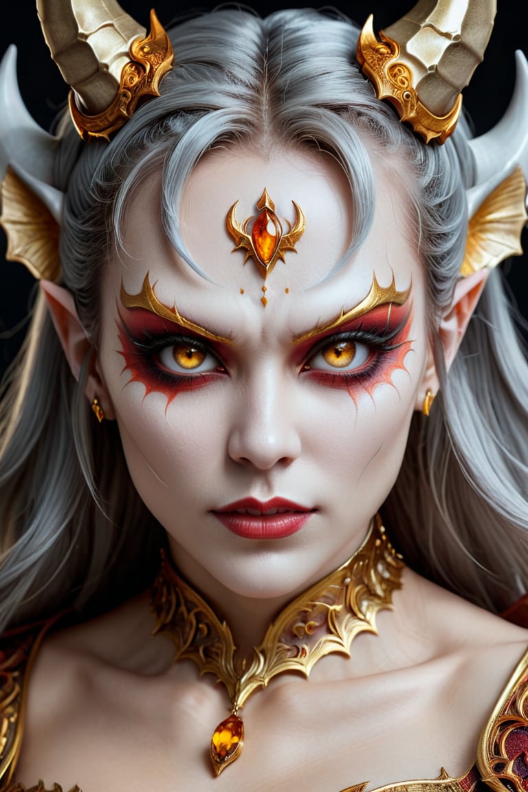 the face of a woman dressed in demon attire, in the style of light gray and light gold, vibrant illustrations, intricately sculpted, realistic hyper-detailed portraits, white and amber, queencore, depicts real life Wide range of colors., Dramatic,Dynamic,Cinematic,Sharp details Insane quality. Insane resolution. Insane details. Masterpiece. 32k resolution