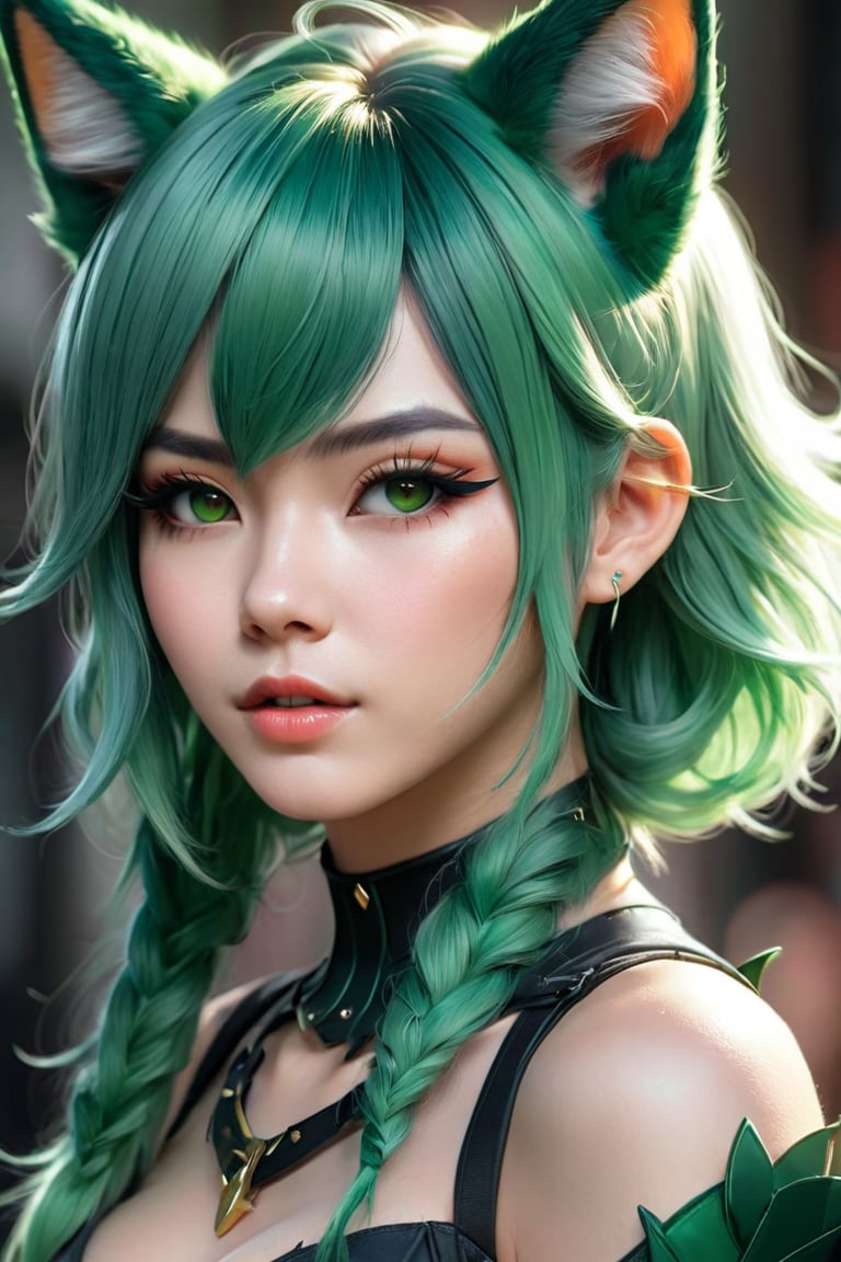 a close up of a woman with green hair and a cat ear, ross tran 8 k, extremely detailed artgerm, artgerm on artstation pixiv, girl with fox ears, deviantart artstation cgscosiety, inspired by WLOP, fanart best artstation, artgerm portrait, artgerm. anime illustration, fantasy concept art portrait