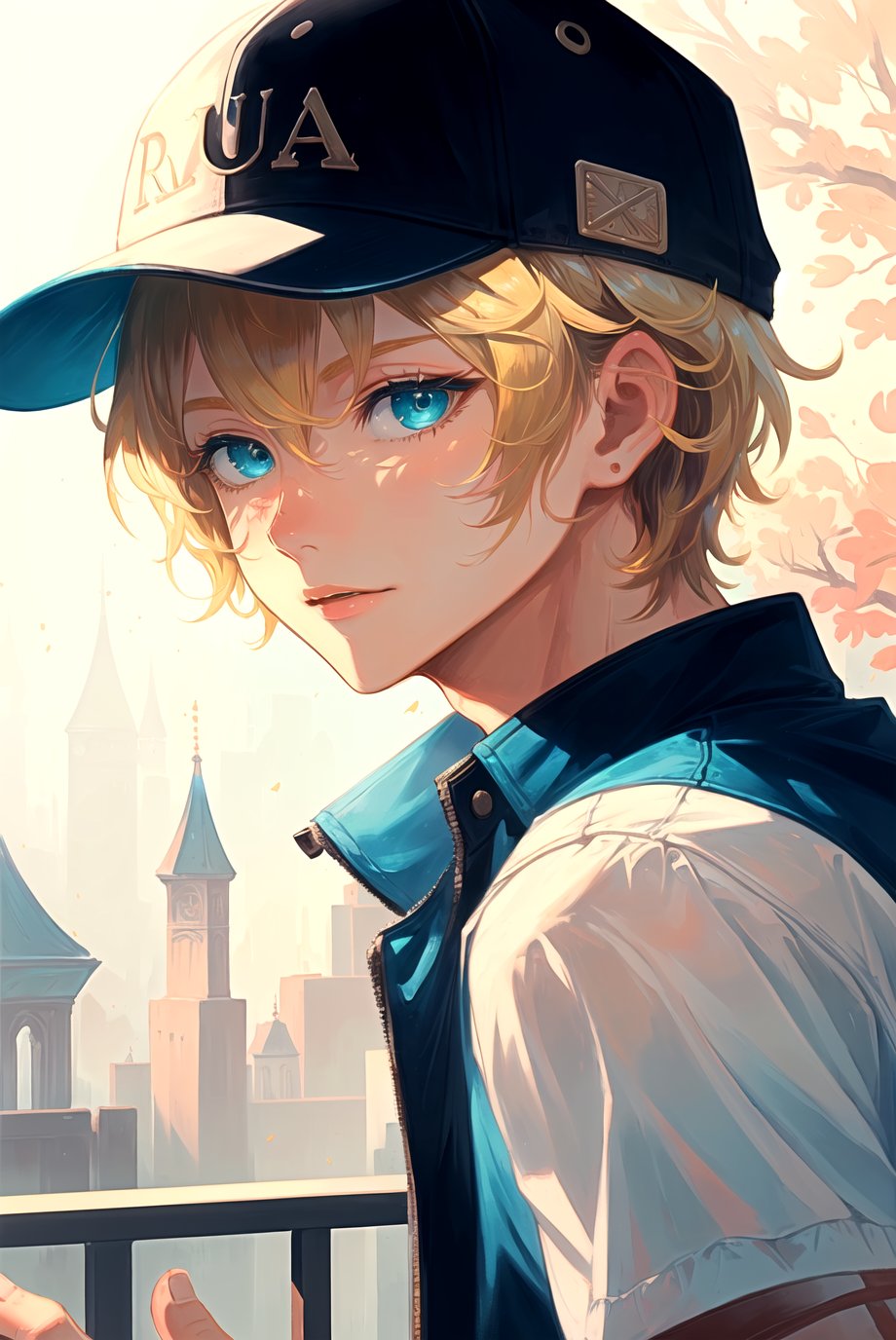 masterpiece, best quality, 1boy, male focus, aqua eyes, baseball cap, blonde hair, closed mouth, hat, looking at viewer, shirt, short hair, solo, upper body , A fairytale land where magical creatures live and thrive