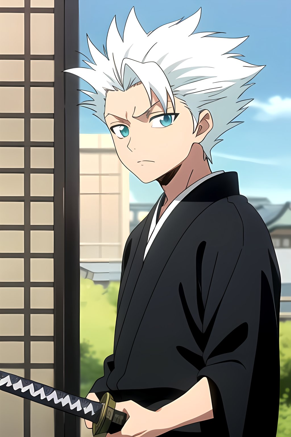 masterpiece, best quality, high quality, 1boy, solo, male focus, looking at viewer, hitsugaya_toushirou, black kimono, holding katana, japanese clothes, ice, turquoise eyes,hitsugaya_toushirou