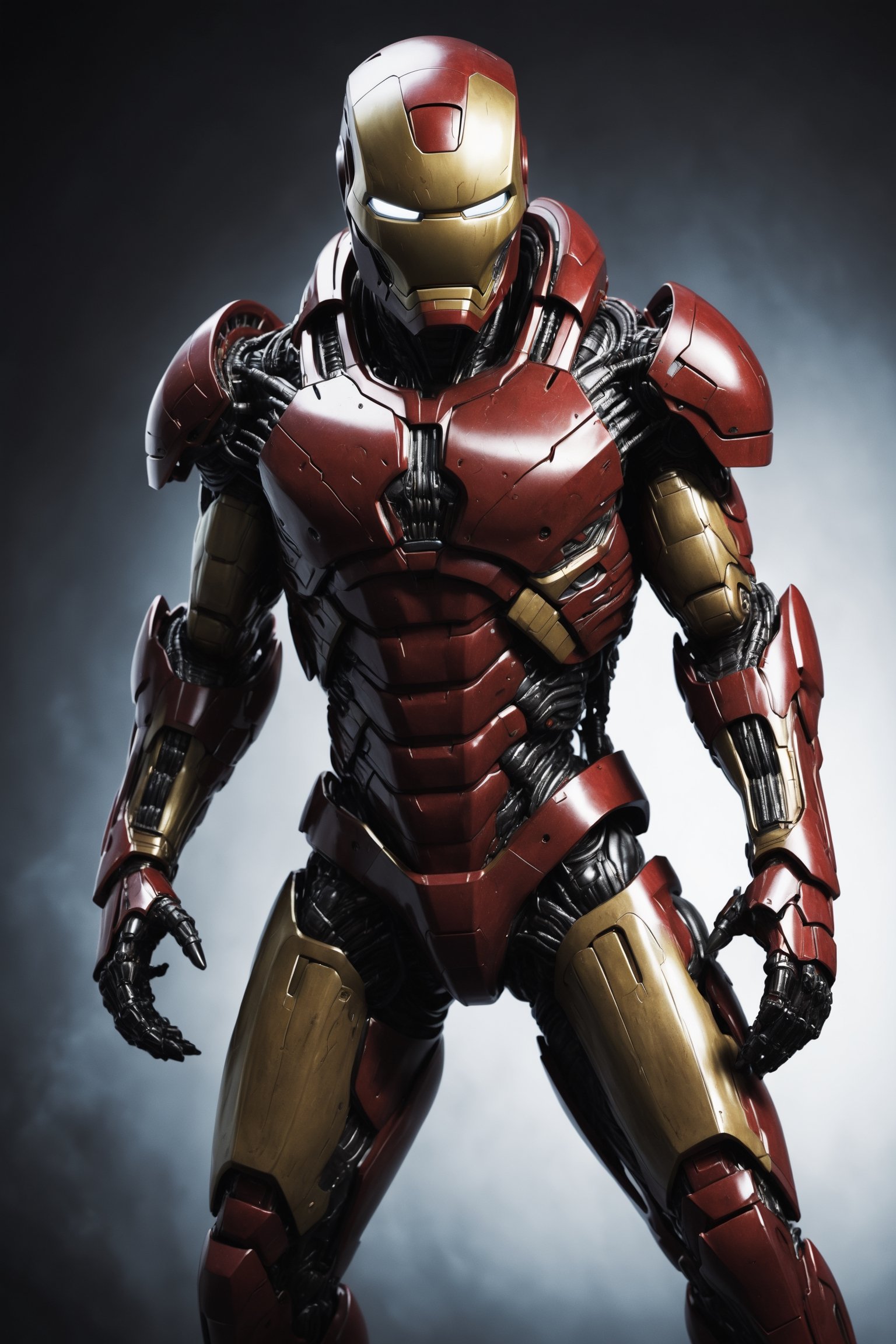 A photorealistic rendering of Iron Man in a heavily armored suit designed specifically to combat the Xenomorphs from the A...