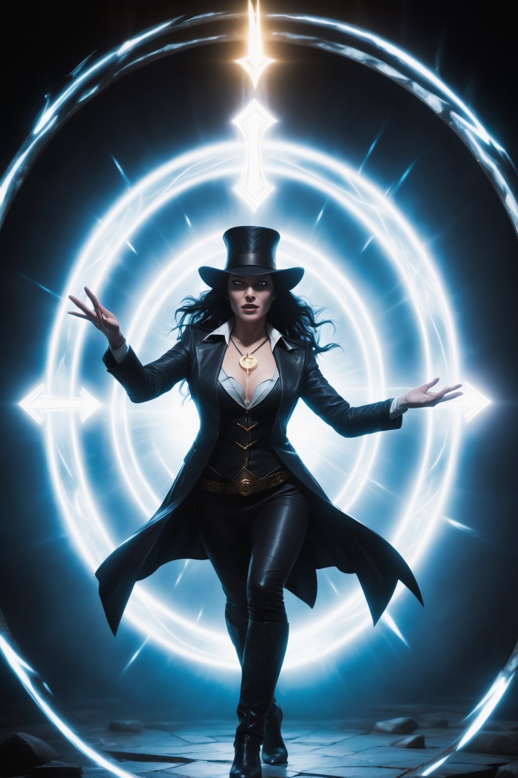 Zatanna stands in the center of a circle of glowing runes,  her hands outstretched. She chants a spell,  her voice rising...