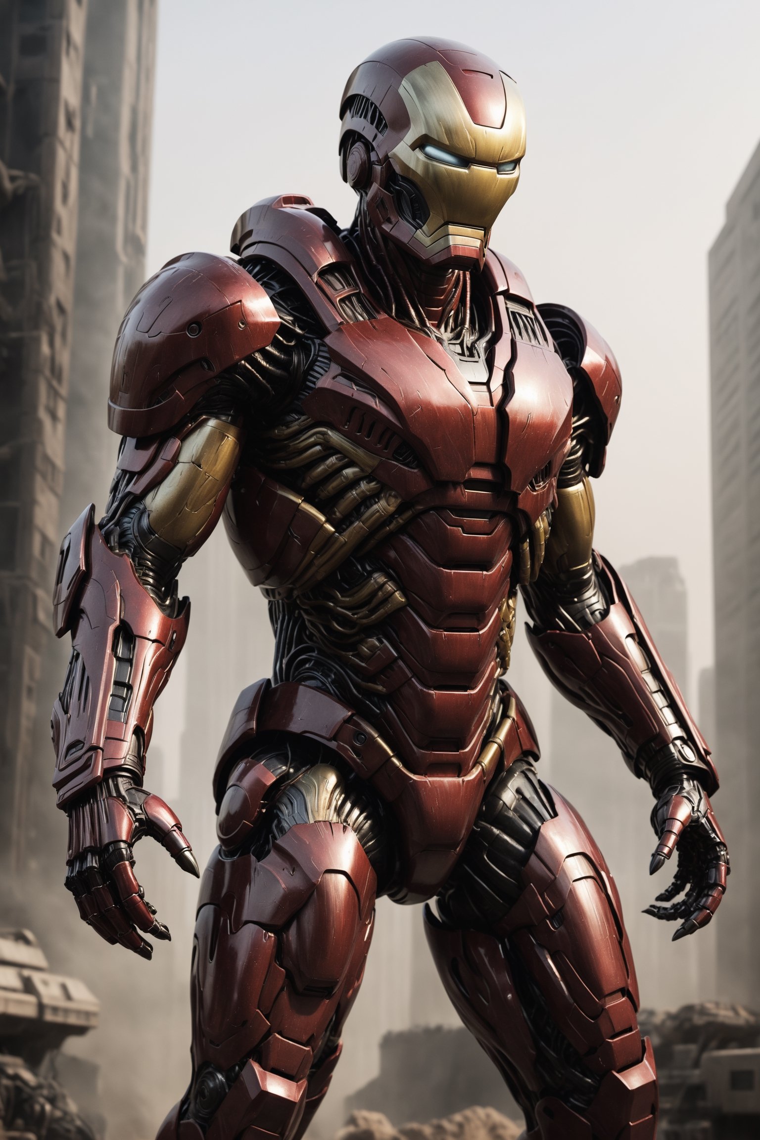 A photorealistic rendering of Iron Man in a heavily armored suit designed specifically to combat the Xenomorphs from the A...