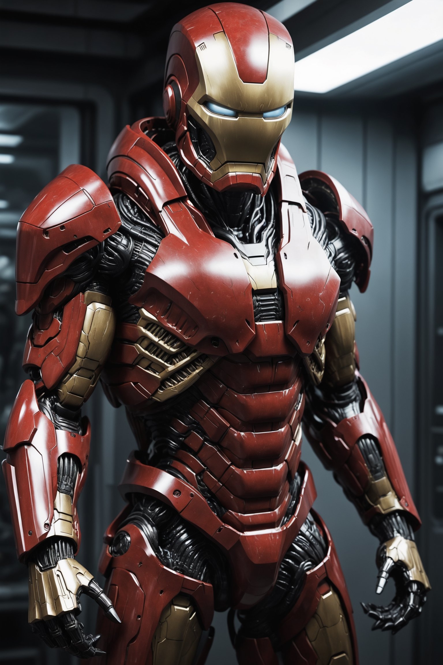 A photorealistic rendering of Iron Man in a heavily armored suit designed specifically to combat the Xenomorphs from the A...