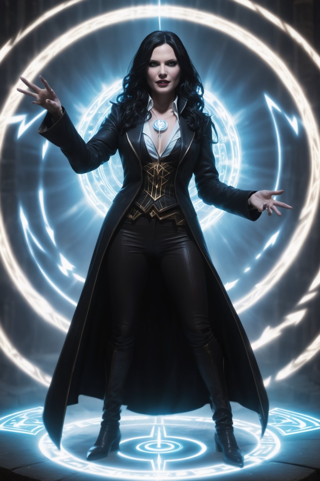 Zatanna stands in the center of a circle of glowing runes,  her hands outstretched. She chants a spell,  her voice rising...