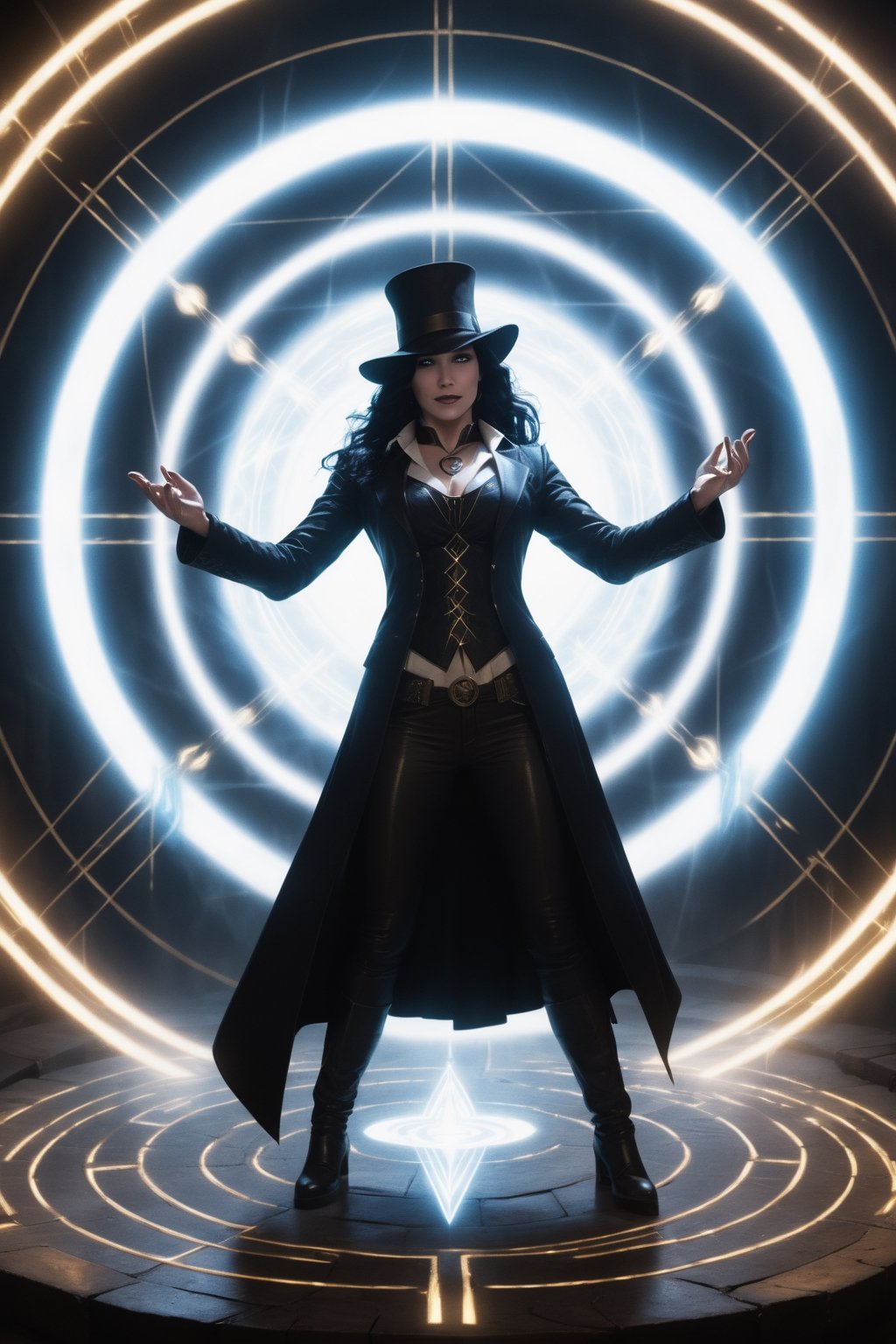 Zatanna stands in the center of a circle of glowing runes,  her hands outstretched. She chants a spell,  her voice rising...