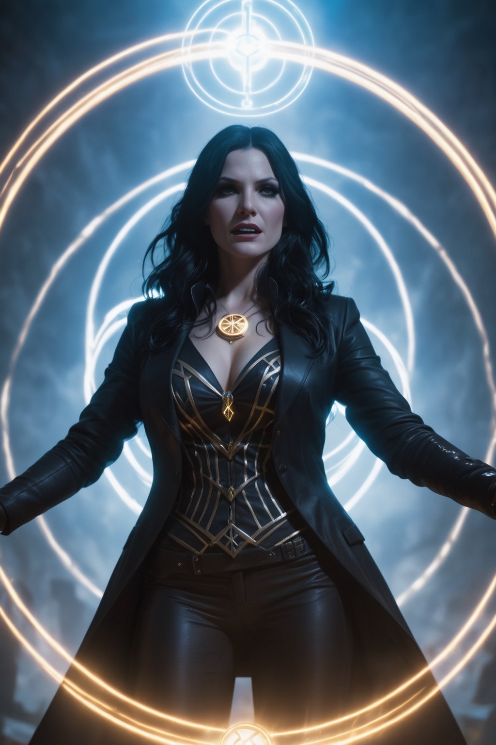 Zatanna stands in the center of a circle of glowing runes,  her hands outstretched. She chants a spell,  her voice rising...