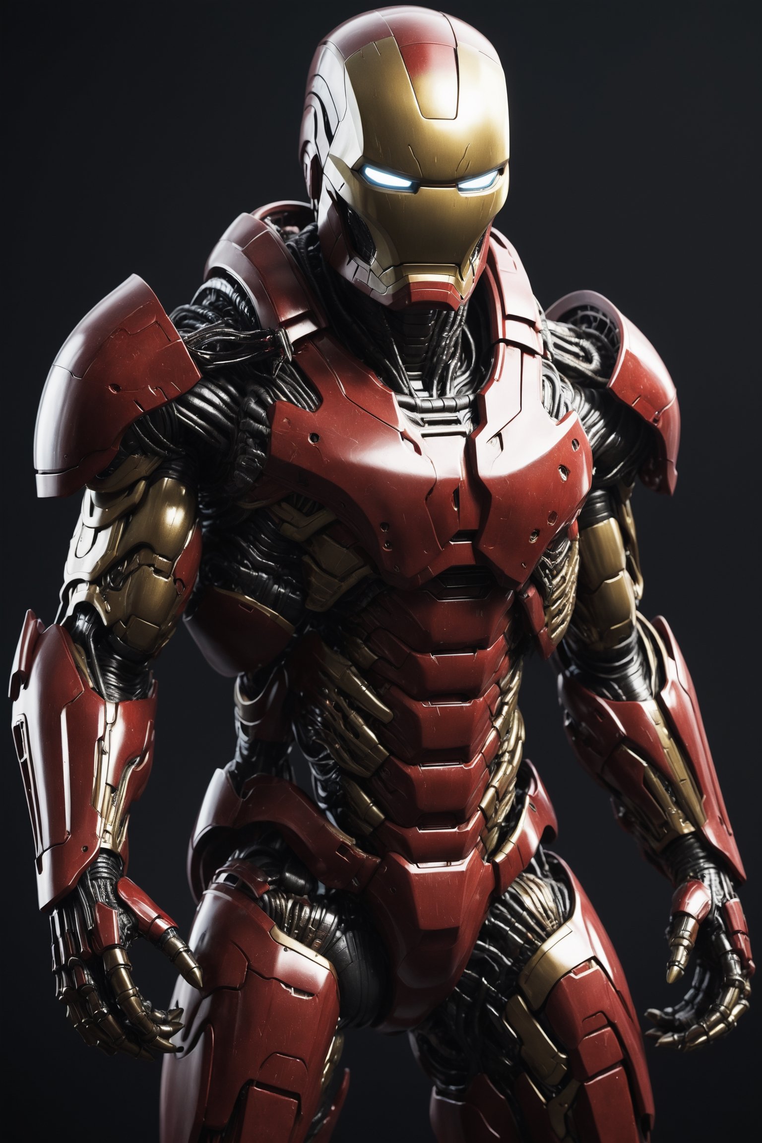 A photorealistic rendering of Iron Man in a heavily armored suit designed specifically to combat the Xenomorphs from the A...