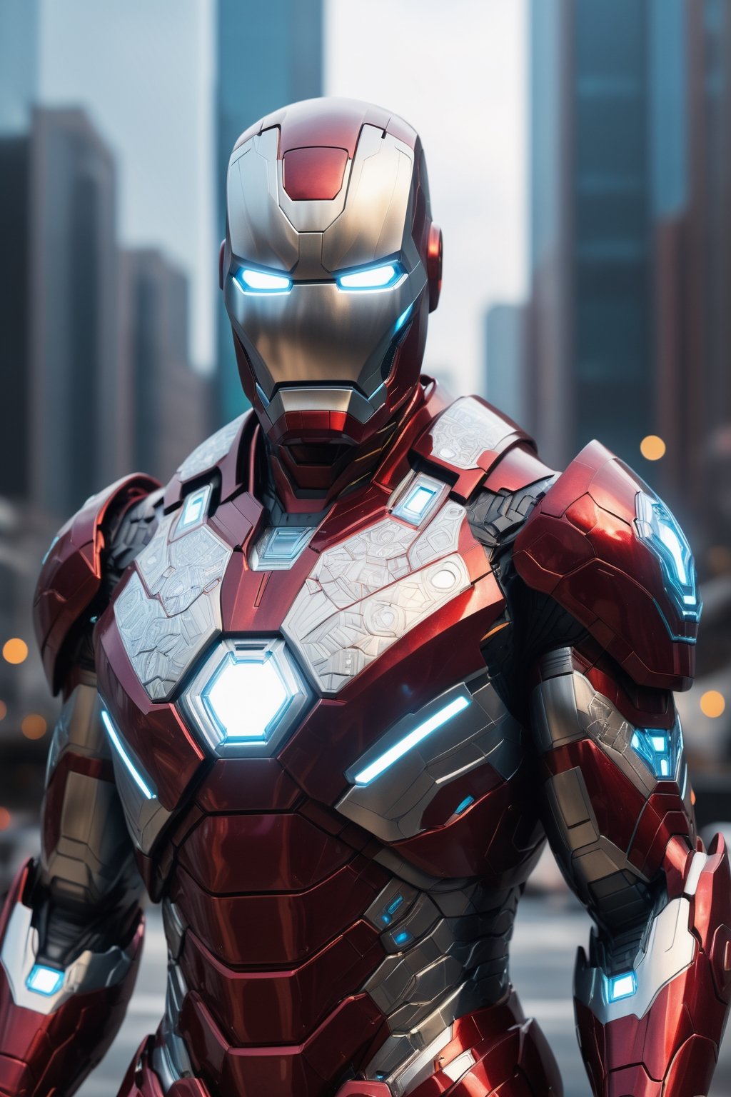 Iron Man in a sleek, futuristic suit of diamond armor, standing in a cityscape. The armor is highly detailed and photorealistic, with glowing accents and intricate patterns. The pose is dynamic and action-packed, showcasing the power and capabilities of the suit.