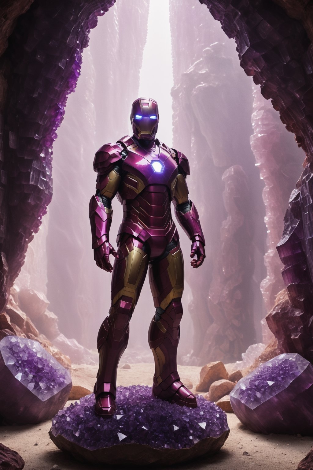 Iron Man standing in a cave, surrounded by crystals. The armor is made of amethyst, with a deep purple color that complements the natural surroundings. The pose is calm and serene, reflecting the beauty and mystery of the cave.