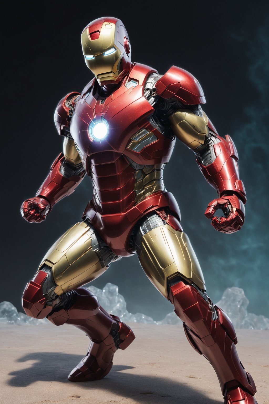 Iron Man fighting a villain, wearing a suit of quartz armor. The armor is translucent, allowing the inner workings of the suit to be seen. The pose is powerful and determined, showcasing Iron Man's resolve to defeat his enemies.