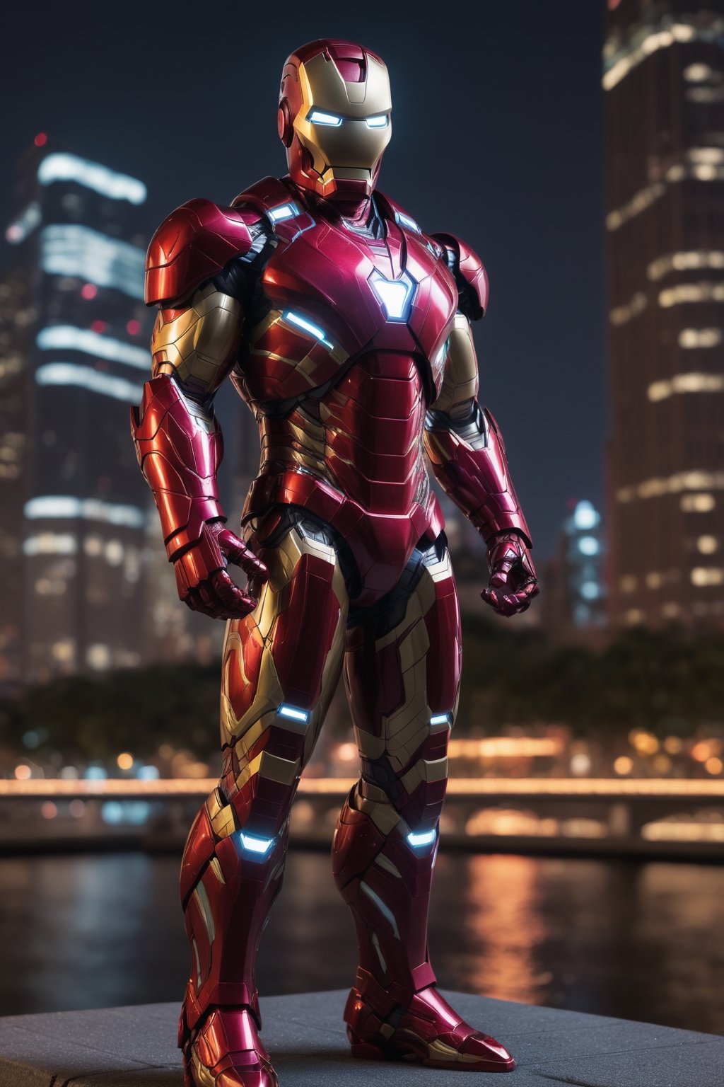 Iron Man standing in a city at night, wearing a sleek, futuristic suit of ruby armor. The armor is highly detailed and photorealistic, with glowing accents and intricate patterns. The pose is powerful and confident, showcasing the strength and sophistication of the suit.