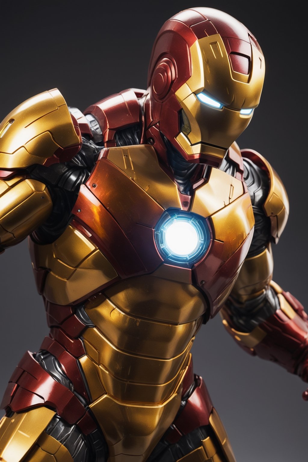 Iron Man fighting a villain, wearing a suit of amber armor. The armor is translucent, allowing the inner workings of the suit to be seen. The pose is powerful and determined, showcasing Iron Man's resolve to defeat his enemies.