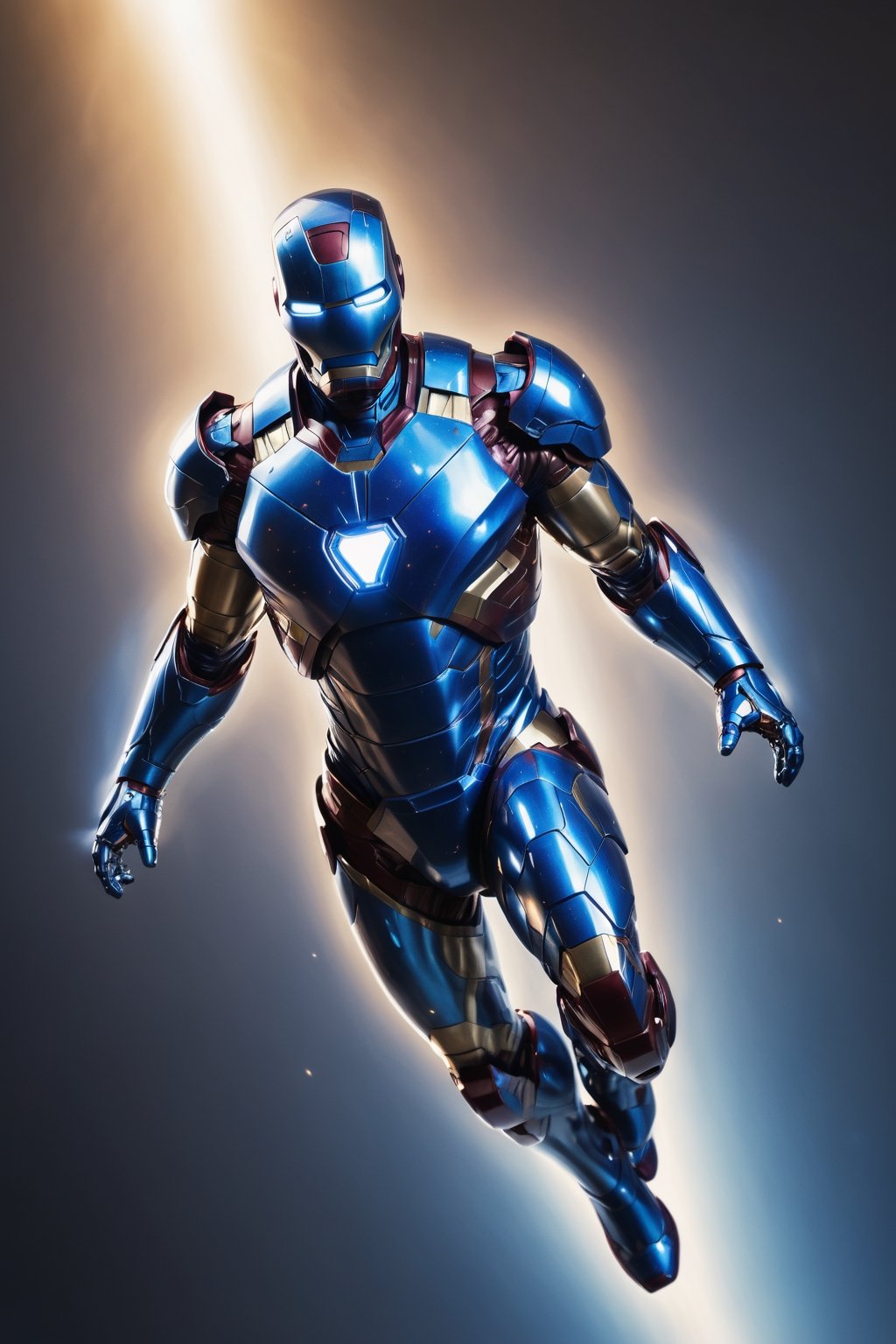 Iron Man flying through the air, wearing a gleaming suit of lapis lazuli armor. The armor is highly reflective, catching the light and creating a dazzling display. The pose is heroic and inspiring, symbolizing Iron Man's courage and determination.

