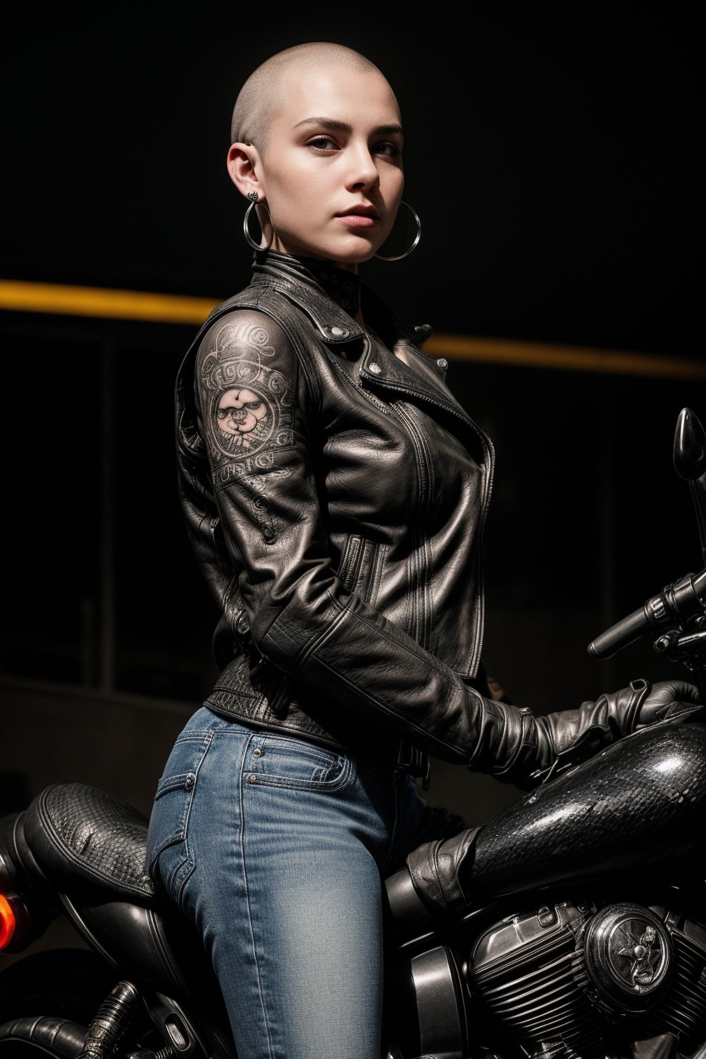 A young woman with shaved head and multiple piercings is riding a motorcycle. She is wearing a leather jacket,  jeans,  an...
