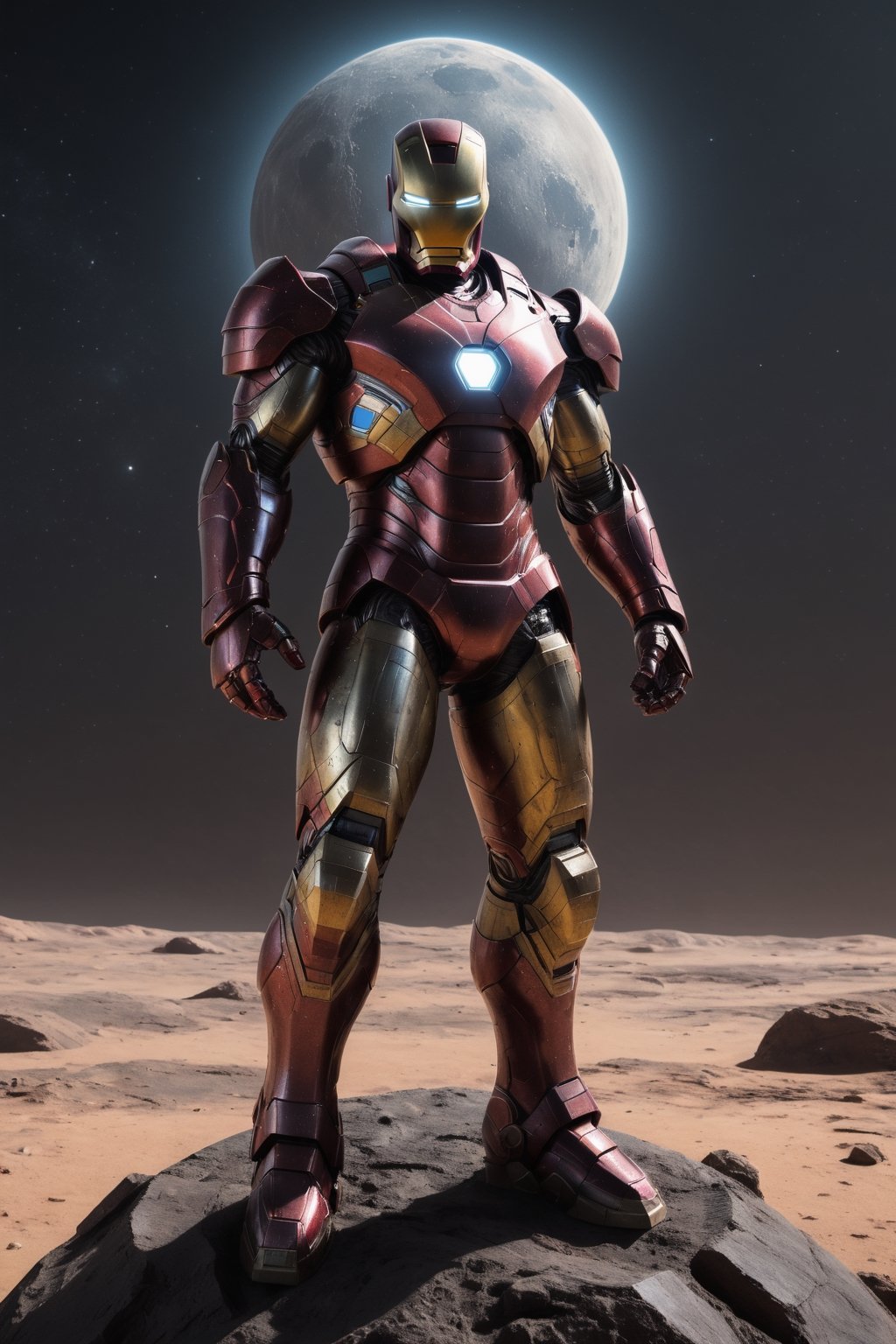 Iron Man standing on a moon, looking out over a vast宇宙. The armor is made of meteorite, with a dark and mysterious appearance. The pose is contemplative and reflective, symbolizing Iron Man's wisdom and experience.