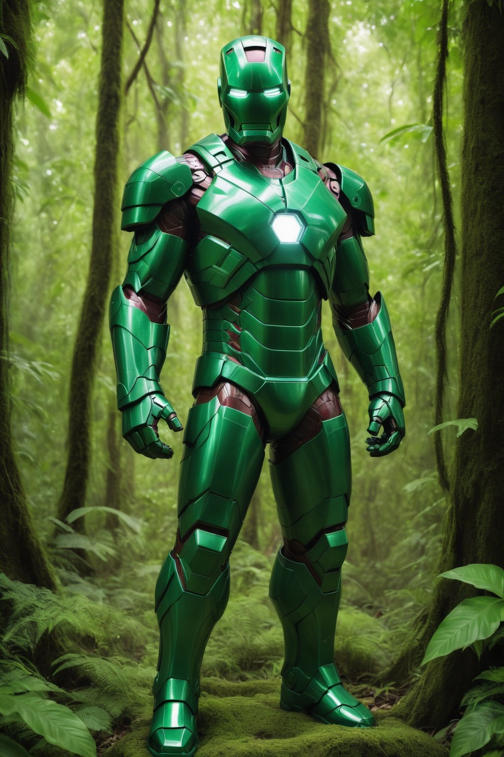 Iron Man standing in a forest, surrounded by lush vegetation. The armor is made of emerald, with a deep green color that blends in with the natural surroundings. The pose is calm and serene, reflecting the beauty and peace of the forest.