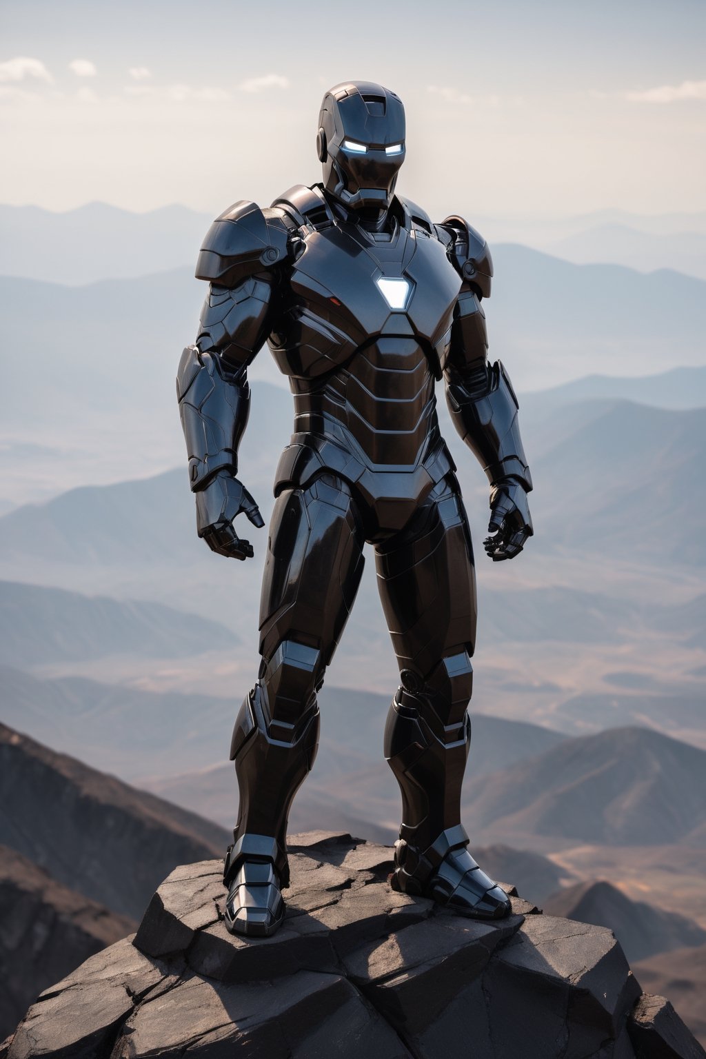 Iron Man standing on a mountaintop, looking out over a vast landscape. The armor is made of obsidian, with a dark and mysterious appearance. The pose is contemplative and reflective, symbolizing Iron Man's wisdom and experience.