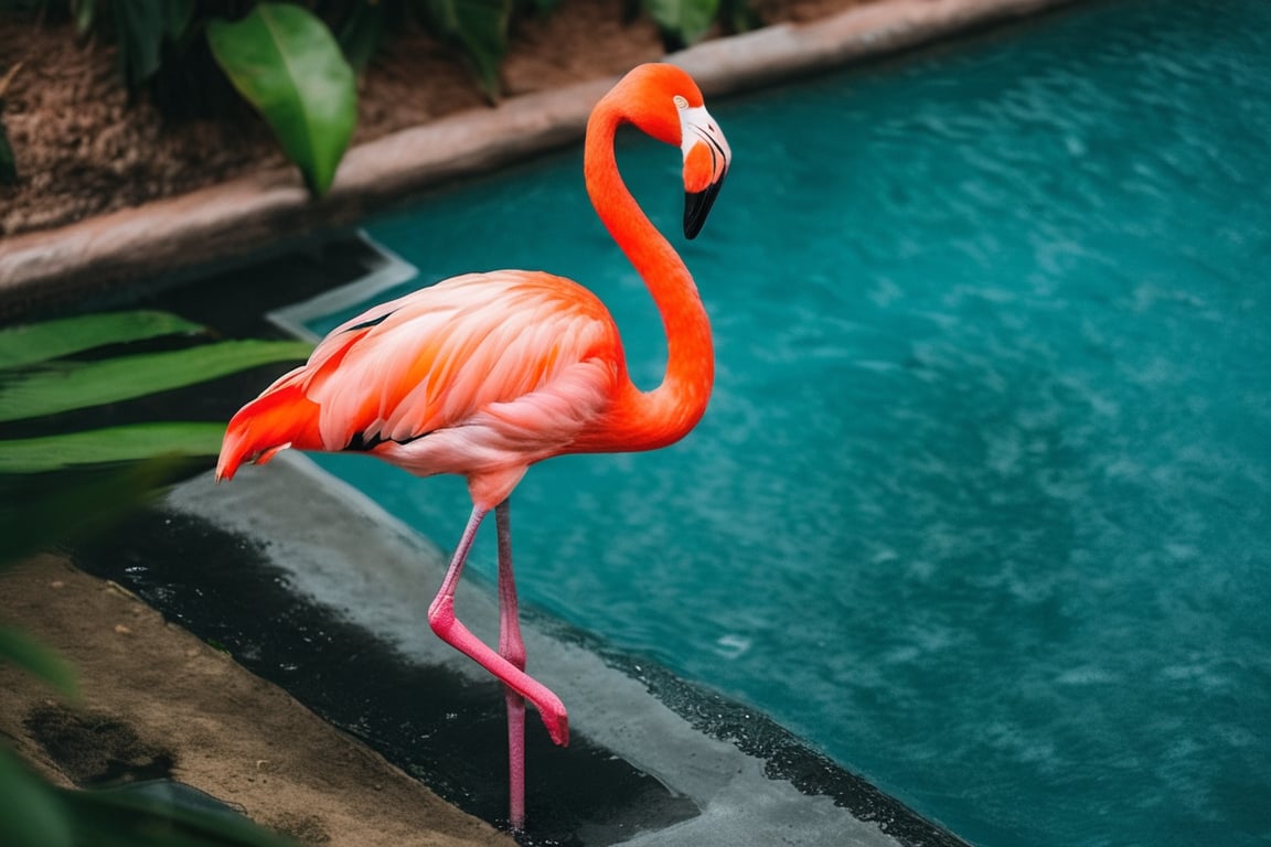 unsplash, photo, a pink flamingo standing in a pool of water,an orange flamingo stands in the shallow water, solo, standing, full_body, outdoors, blurry, no_humans, bird, leaf, plant, animal_focus, beak