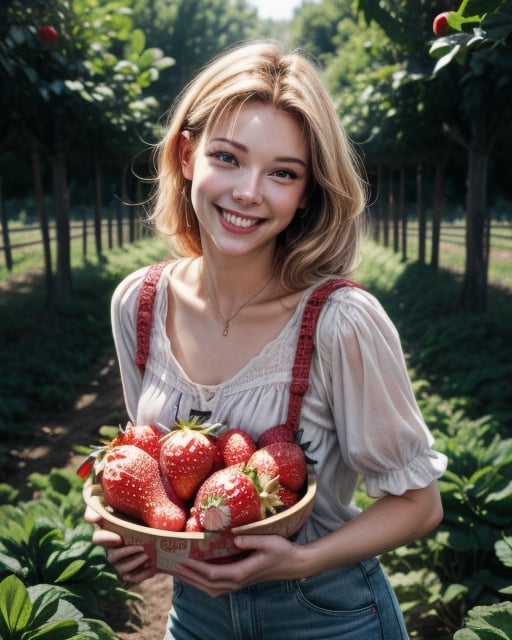 a happy smiling gorgeous blondie female Strawberry Farmer nurturing her just about to crop strawberries in a size of chicken egg at her vast strawberry fihappy smiling led with beautiful background, water well and woods, an epic masterpiece hyper realistic digital art of Frank Bellamy, professional color grading by Kenneth Hines Jr., 80's European Color Comic Style, ,Detailedface