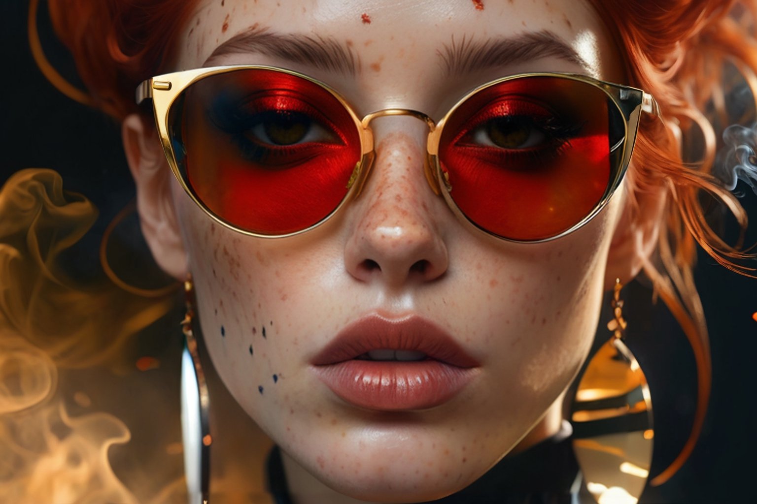 designed by greg manchess,smoke, Close Portrait of a woman, bright detailed eyes, sleek scarlet hair, dense freckles, matte lips, cigarette mouth, futuristic, gold glasses, trending on art station, smoke, abstract, photoreal, 8 k, octane render by greg rutkowski, art by Carne Griffiths and Wadim Kashin ,in the style of Dau-al-Set, Pollock, and inspired by MAPPA and Zdzislaw Beksinski,   