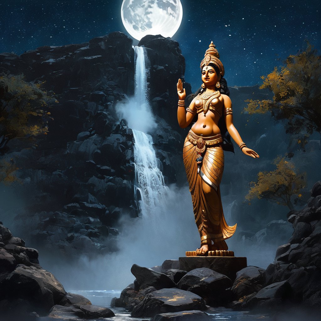 masterpiece, best quality, greg rutkowski, 

huge size, indian goddess sculpture, made from black  stone, near waterfall, night time, full moon, star sky, galaxy scenery 

very detailed, high resolution, sharp, sharp image, 4k, 8k,oni style