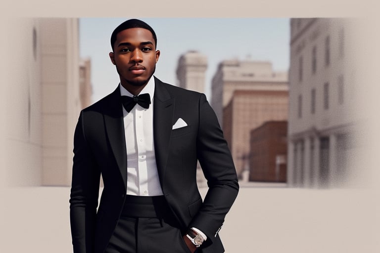 a 25 year old black man,fashion illustration of a black man exuding confidence and style in an elegant, culturally-inspired outfit, in the city