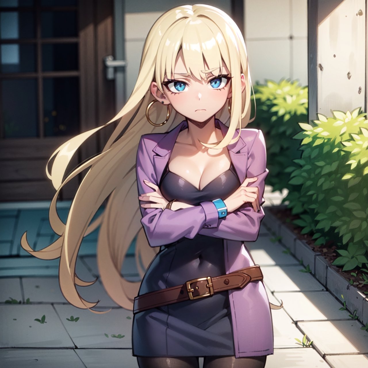 1girl, solo, masterpiece, best quality, ultra detailed, pacifica northwest, anime, sexy, very long hair, straight hair, blunt bangs, pantyhose, hoop earing, blue eyes, ((short pink dress)), ((cropped purple jacket)), purple belt, blonde hair, disdain, wide hips, hime cut, street background, volumous hair, no sidelocks, pov, pov_eye_contact, crossed arms