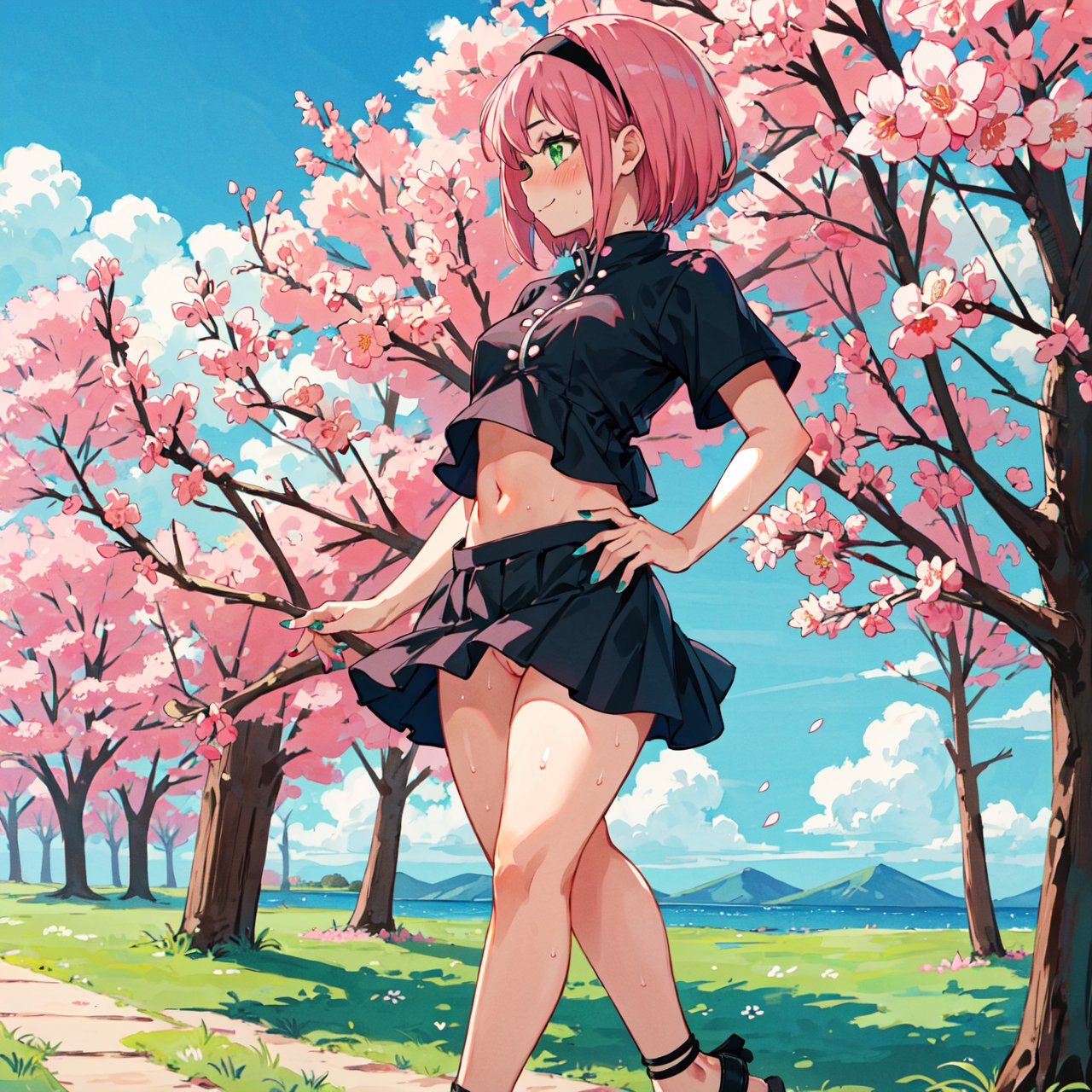 1girl, arms at sides, cameltoe, bare legs, black footwear, blue sky, blush, breasts, embarrassed, low angle, closed mouth, clothing, crop top, day, female, footwear, green eyes, hairband, kneepits, light blush, small breasts, midriff, nail polish, navel, nose blush, outdoors, overskirt, pink hair, sandals, short hair, short sleeves, skirt, sky, smile, black spats, stomach, sweat, thigh pouch, toeless legwear, toenail polish, toenails, toes, walking, sakura haruno, loli, , side view, standing, nsfw, Sakura Haruno hairstyle, thick thighs, midriff peak