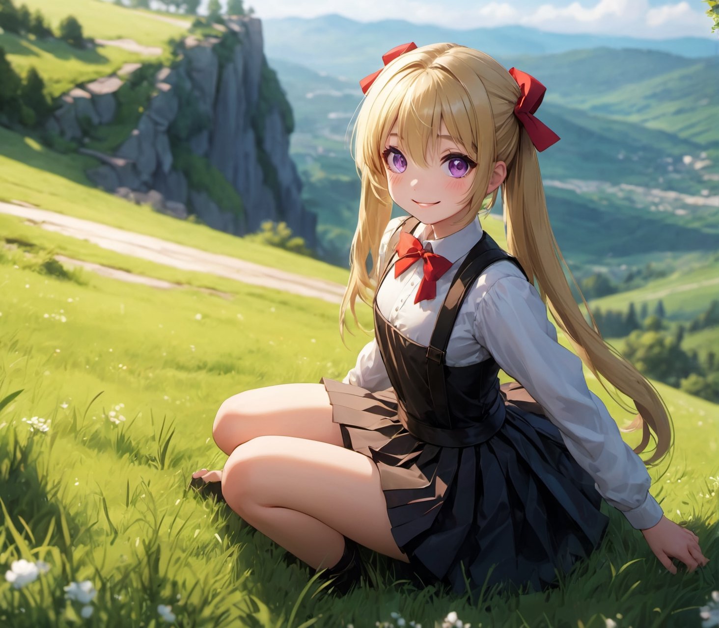 1girl, blonde hair, solo, fang, ribbon, looking at viewer, smile, long hair, sitting, open mouth, skirt, purple eyes, red ribbon, black skirt masterpiece, best quality, ultra detailed, green hill scenery, dramatic, profile, loli, (seductive:1.2), (sexy:1.2), (beautiful:1.2), (attractive:1.2), ((hyper super ultra detailed perfect piece)), (perfect details:1.1), (masterpiece, 4k ,ultra detailed:1.2), (anime:1.2), (illustration:1.1), ((high resolution)), (Highest Quality), Amazing Details:1.25), (Raytracing:1.2), Bloom, Volumetric Lighting, Best Shadows, high resolution, 8k_wallpaper, dynamic light, cinematic light