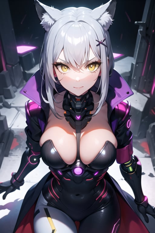 futuristic, foxy girl, Silver hair, yellow eyes, and shiny purple coat, fantasy, cybernetic,Xxmix_Catecat,pov, cyberpunk bugground, dark