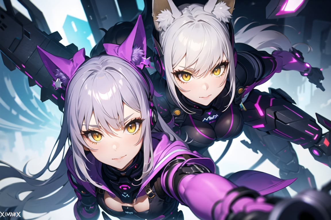 futuristic, foxy girl, Silver hair, yellow eyes, and shiny purple coat, fantasy, cybernetic,Xxmix_Catecat,pov