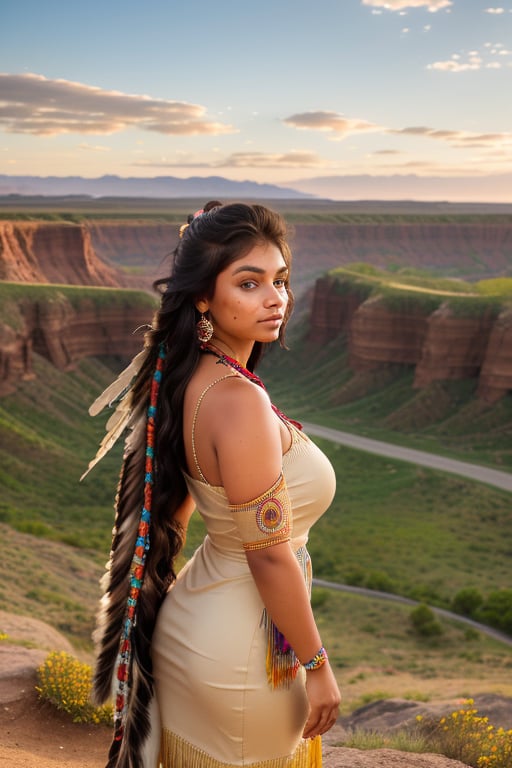 (masutepiece,High quality,16k:1.1),(depth of fields:1.3) ,((front body:1.35)),random Native American girl, ((Native American buckskin  dress)),huge breasts,random hair style,random colour hair,(Looking at Viewer:1.3),(full body shot:1.2),(Beautiful view :1.2), random pose, random colour, random background