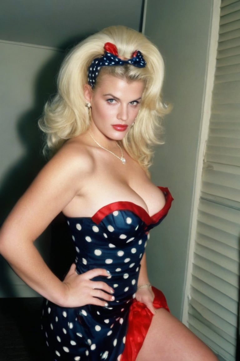 Full body standing 22 year old Large breasted Anna Nicole Smith, playmate and golddigger is n wearing apush-up strapless summer polka-dot dress, very long blonde top scunchie, tiny-rose hairclips sexy big hair, blue eyes, mole on cheek