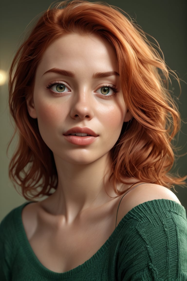 a beautiful Redheaded female model, a beautiful young woman with green eyes. She is wearing a green sweater that is falling off her shoulder, revealing acleavage. The woman has a photorealistic style and is looking at the viewer. The lighting is HDR and the photo is in 8k resolution. The woman has luscious lips and is wearing black stockings. The background is simple and white.