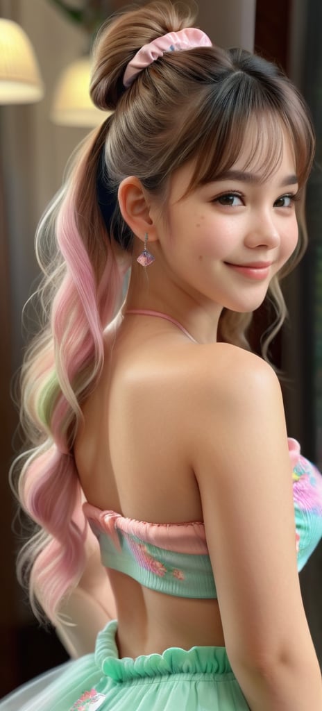 side view. (best quality, 4K, 8K, high-resolution, masterpiece) Ultra-detailed, colorful pastel digital art of a beautiful young woman in a full body shot, top scrunchie hair style.with detailed facial features, light pink and emerald tones, charming character illustrations, soft focus, intricate design, gentle expression, ethereal atmosphere, vibrant colors, delicate details, artistic elegance, high detail, high resolution.
detailed_background,Cute Face,Cute Smile,Beautiful Girl,Young Girl,Realistic Model,Sexy Body,Hot Body,Beautiful Face,Sexy Girl